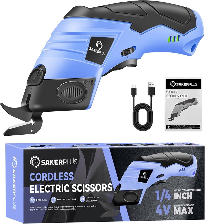SakerPlus Cordless Electric Scissors, Fabric Scissors, Powerful Pinking Shears, Rechargeable Cardboard Cutter (Blue-Box(1 Tungsten Steel Blade)) - Image 1